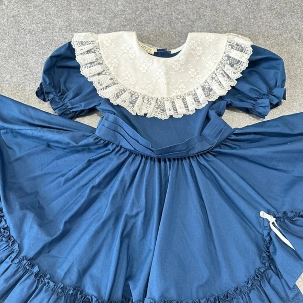 Vintage Mini World Girls 6X Navy Blue Lace Cottagecore Prairie Dress Puff Sleeve